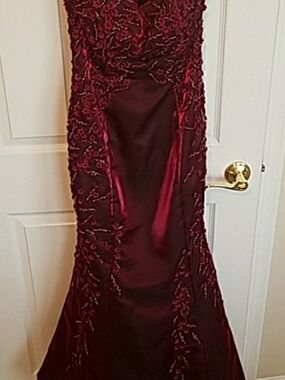 Sue Wong Burgundy Beaded Satin Maxi Gown